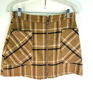 HYFVE Wool Pockets Plaid Zip Front Mini Skirt Women's Size M  Brown 28"